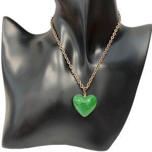 Green & White Swirled Glass Heart Rusted Silver Tone Necklace